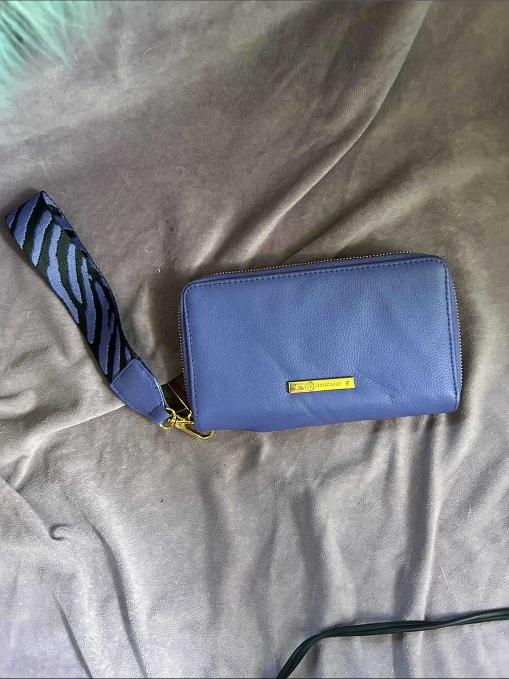 Joy Mangano Periwinkle Leather Wristlet with Zebra-Pattern Strap